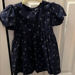 NWOT. Girls Navy Puff-Sleeve Cotton Dress with White Floral Motif